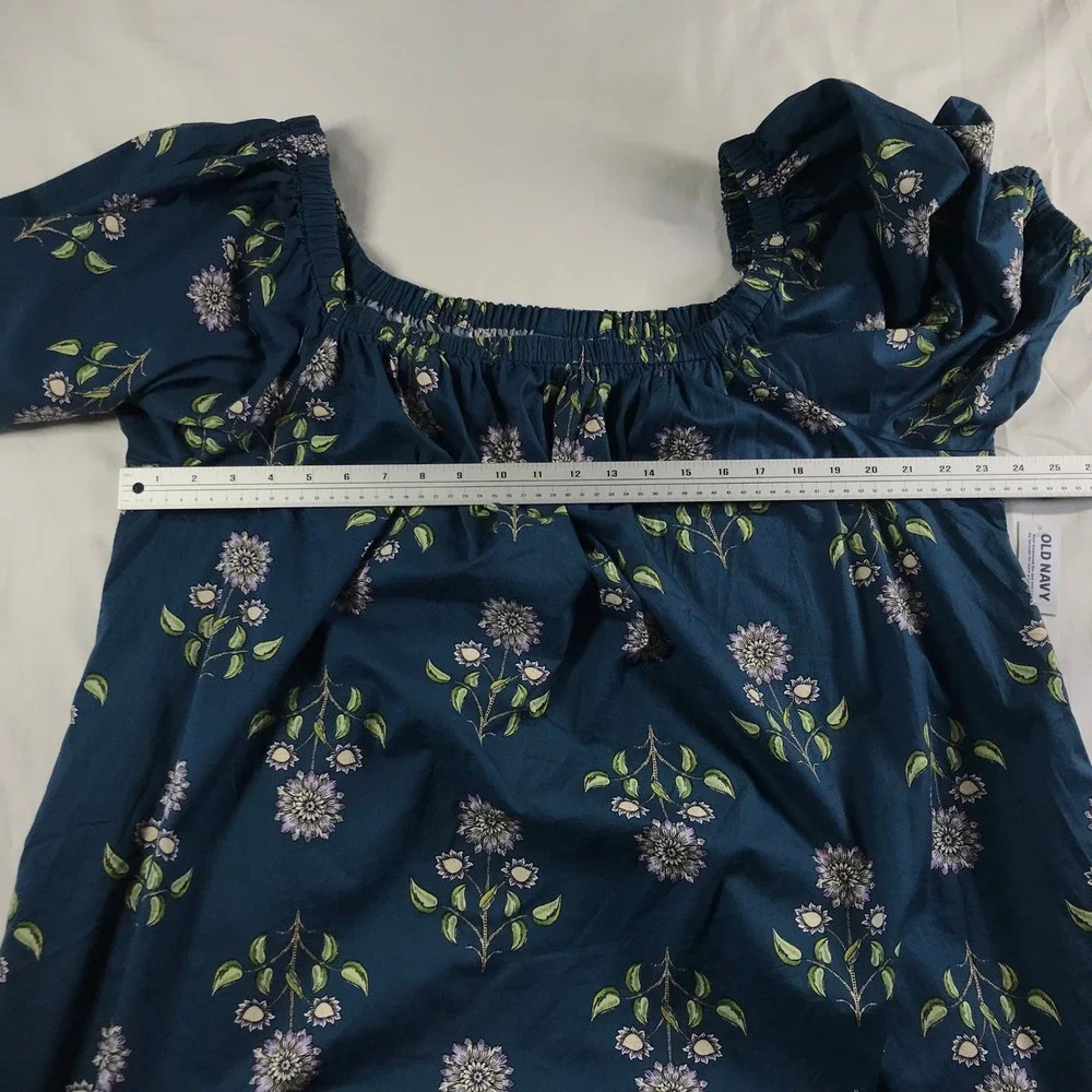 Old Navy Women 2X Teal Floral Puff Sleeve Cotton Boho Blouse Top 766909-00-1